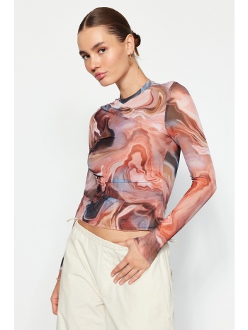 trendyol brown patterned draped knitted blouse with sheer σε προσφορά