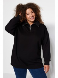trendyol curve black thick inside fleece zippered knitted sweatshirt