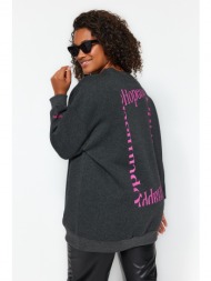 trendyol curve anthracite printed back wide fit knit sweatshirt with fleece inside.