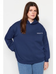 trendyol curve navy blue thick fleece print detailed knitted sweatshirt
