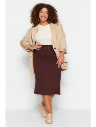 trendyol curve brown pencil interlock knitted plus size skirt