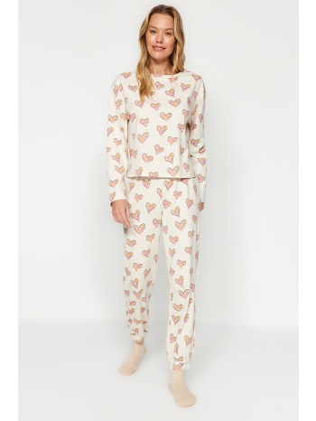 trendyol cream 100% cotton t-shirt-jogger knitted pajamas