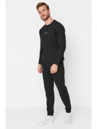 trendyol men`s black slogan printed 2 thread knitted pajamas set