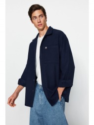 trendyol navy blue men`s overshirt fit shirt collar label detail stamped shirt.