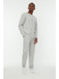 trendyol men`s gray regular fit printed knitted pajamas set
