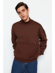 trendyol limited edition men`s brown oversize/wide-fit high neck labeled fleece thick sweatshirt