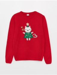 lc waikiki girls` crew neck christmas themed long sleeve knitwear sweater