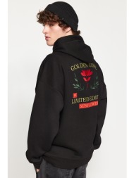 trendyol men`s black oversize/wide cut hooded printed and embroidered fleece inside sweatshirt