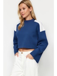 trendyol indigo thick inner fleece color block comfort fit crop knitted sweatshirt