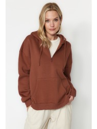 trendyol light brown thick fleece hooded zippered basic oversized knitted sweatshirt