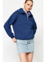 trendyol indigo zipper high neck thick fleece inside regular fit knitted sweatshirt