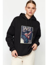 trendyol black oversized/wide-cut knitted sweatshirt with a space print thick fleece inside