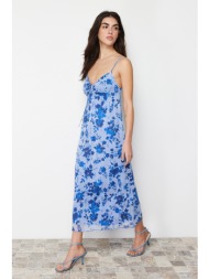 trendyol blue printed maxi length heart neck knitted maxi dress