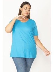 şans women`s plus size turquoise cotton fabric v-neck short sleeve blouse