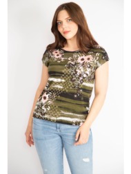 şans women`s khaki plus size cotton fabric low sleeve patterned blouse