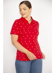 şans women`s red large size cotton fabric marine pattern front patty ornamental buttoned short sleev