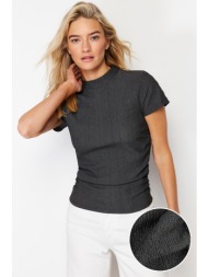trendyol anthracite high collar short sleeve gather detailed flexible knitted blouse