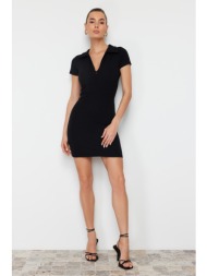 trendyol black fitted/fitted short sleeve zip collar stretchy knitted mini dress