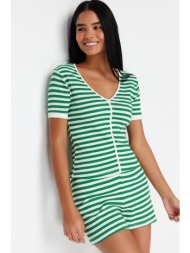 trendyol green cotton striped corded knitted pajamas set