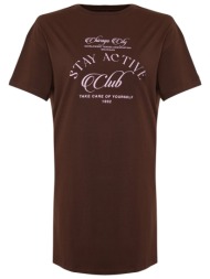 trendyol curve brown slogan printed knitted t-shirt dress