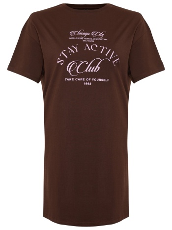 trendyol curve brown slogan printed knitted t-shirt dress σε προσφορά