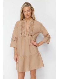 trendyol beige mini woven lace detailed 100% cotton beach dress