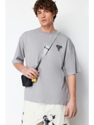 trendyol gray men`s oversize mystic animal embroidered 100% cotton t-shirt