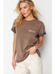 trendyol brown faded effect printed basic knitted t-shirt