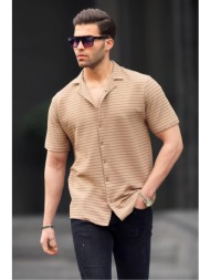madmext men`s camel striped short sleeve shirt 6703