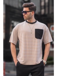 madmext men`s beige striped basic t-shirt 6084