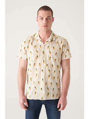 avva men`s yellow printed short sleeve cotton shirt σε προσφορά