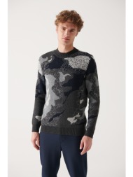 avva men`s gray crew neck jacquard standard fit regular cut wool sweater