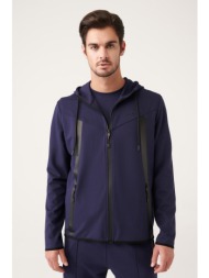 avva men`s navy blue interlock fabric hooded collar zipper printed standard fit regular fit sweatshi