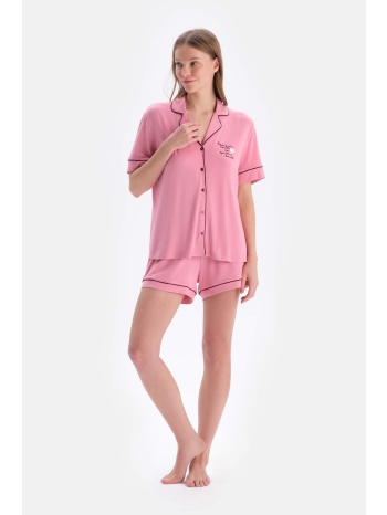dagi pink short sleeve embroidery detailed viscose shirt