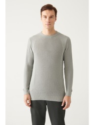 avva men`s gray crew neck jacquard slim fit narrow cut knitwear sweater