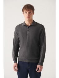 avva men`s anthracite polo neck herringbone patterned cotton standard fit regular cut knitwear sweat