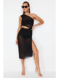 trendyol black fitted midi knitted cut out/window mesh one shoulder beach dress