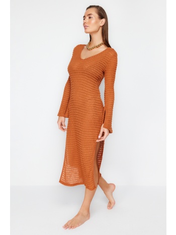 trendyol brown maxi knitted slit knitwear effect beach dress σε προσφορά