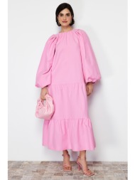 trendyol pink balloon sleeve skirt layered cotton woven dress