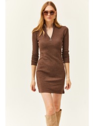 olalook women`s brown high neck zippered thick ribbed mini dress
