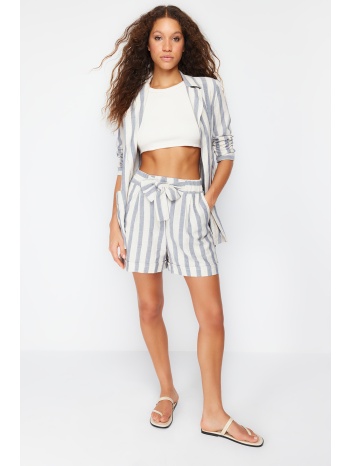 trendyol navy blue linen content belted striped woven shorts σε προσφορά