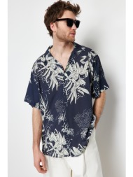 trendyol men`s navy blue oversize fit leaf printed shirt