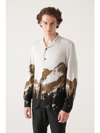 avva men`s khaki tree printed leisure fit shirt σε προσφορά