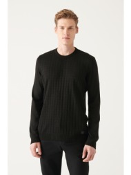 avva men`s black crew neck front textured standard fit normal cut knitwear sweater