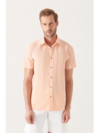 avva men`s orange wrinkled look short sleeve shirt σε προσφορά