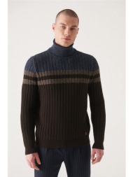 avva men`s brown full turtleneck block color standard fit regular cut woolen sweater
