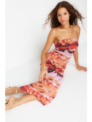 trendyol multi-colored strapless drape detailed patterned fitted/fitted maxi knitted maxi dress