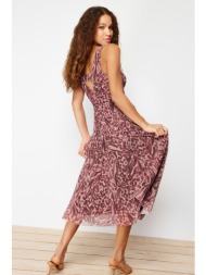 trendyol brown leopard printed v-neck tulle knitted maxi dress