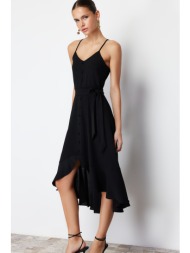 trendyol black belted a-line/bell form flounce detailed woven midi dress