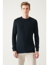 avva men`s navy blue crew neck jacquard slim fit narrow cut knitwear sweater